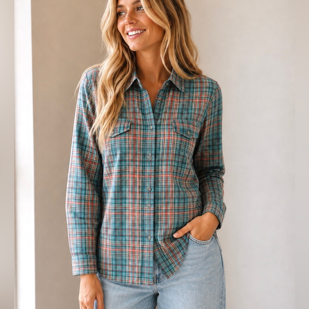 Woolrich Western Cowboy Plaid Long Sleeve Snap Front Shirt Size L Rodeo